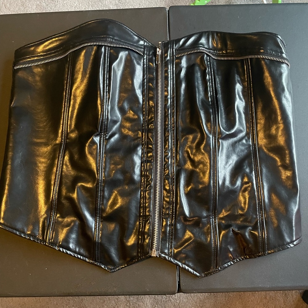 Ashley Stewart Black Faux Leather Zippered Corset Top